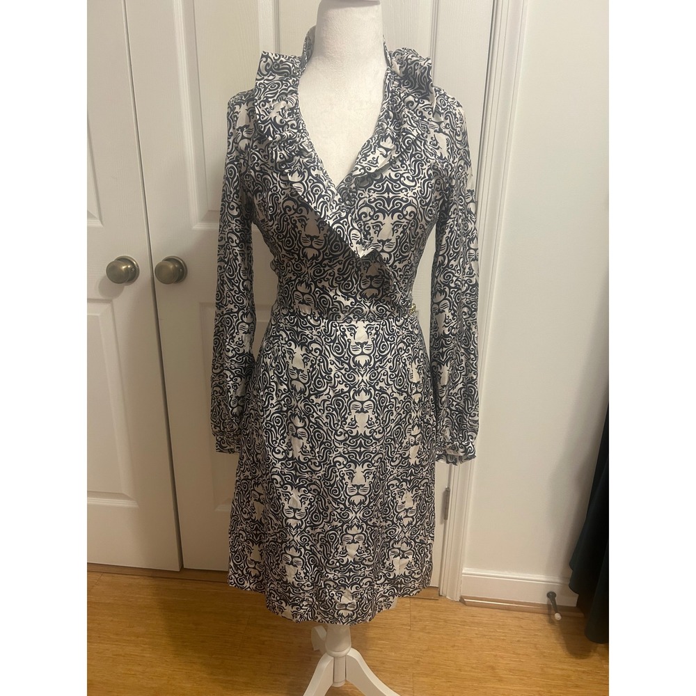Elizabeth‎ McKay Silk Wrap style dress lion print blue white long sleeve ru fdle